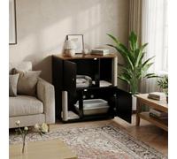 Double-Layer Wooden Cat Litter Box Enclosure Hidden Cabinet with Integrated Scratching Post & Litter Mat | Space-Saving Modern Washroom Furniture for Small Spaces | Universal Fit Design, Black Grooved