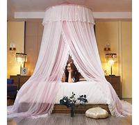 Double Layer Yarn Hanging Princess Dome Mosquito Net Bed Canopy Overlapping Lace Mosquito Net for Single Bed to King Size Bed-No light_Pink and White