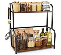 Double-layercoffee bar storage rack, bar counter kitchen storage rack, wooden spice rack, home countertop storage and organization rack, suitable for kitchens, offices, livingroomdesktops, retrobrown