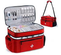 Double Layers Pill Bottle Organizer Bag Large Medicine Storage Bag with Lockable Zipper and Shoulder Strap Medication Travel Bag for Prescription Bottles, Medical Supplies, Red
