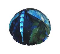 Double Layers Shower Cap For Women, Reusable Elastic Bathing Bath Cap Art Blue Dragonfly Hair Caps Waterproof Ladies Spa Salon Shower Hat Hair Caps