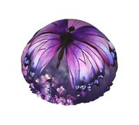 Double Layers Shower Cap For Women, Reusable Elastic Bathing Bath Cap Beautiful Purple Butterfly Art Hair Caps Waterproof Ladies Spa Salon Shower Hat Hair Caps