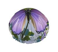 Double Layers Shower Cap For Women, Reusable Elastic Bathing Bath Cap Beautiful Purple Butterfly Floral Hair Caps Waterproof Ladies Spa Salon Shower Hat Hair Caps