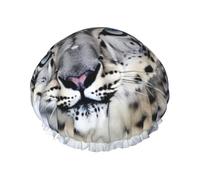 Double Layers Shower Cap For Women, Reusable Elastic Bathing Bath Cap Blue Eyed Snow Leopard Hair Caps Waterproof Ladies Spa Salon Shower Hat Hair Caps