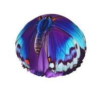 Double Layers Shower Cap For Women, Reusable Elastic Bathing Bath Cap Blue Purple Butterfly Hair Caps Waterproof Ladies Spa Salon Shower Hat Hair Caps