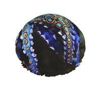 Double Layers Shower Cap For Women, Reusable Elastic Bathing Bath Cap Blue Ringed Octopus Hair Caps Waterproof Ladies Spa Salon Shower Hat Hair Caps