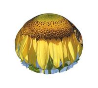 Double Layers Shower Cap For Women, Reusable Elastic Bathing Bath Cap Butterflys On The Sunflowers Hair Caps Waterproof Ladies Spa Salon Shower Hat Hair Caps