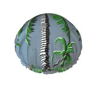 Double Layers Shower Cap For Women, Reusable Elastic Bathing Bath Cap Coconut Tree Hair Caps Waterproof Ladies Spa Salon Shower Hat Hair Caps