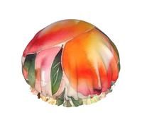 Double Layers Shower Cap For Women, Reusable Elastic Bathing Bath Cap Colorful Peach Watercolor Design Hair Caps Waterproof Ladies Spa Salon Shower Hat Hair Caps