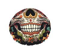 Double Layers Shower Cap For Women, Reusable Elastic Bathing Bath Cap Colorful Sugar Skull Hair Caps Waterproof Ladies Spa Salon Shower Hat Hair Caps