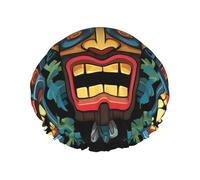 Double Layers Shower Cap For Women, Reusable Elastic Bathing Bath Cap Colorful Tiki Mask Pattern Hair Caps Waterproof Ladies Spa Salon Shower Hat Hair Caps