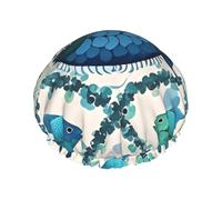 Double Layers Shower Cap For Women, Reusable Elastic Bathing Bath Cap Cyan Fish Pattern Hair Caps Waterproof Ladies Spa Salon Shower Hat Hair Caps