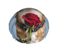 Double Layers Shower Cap For Women, Reusable Elastic Bathing Bath Cap Dog Holding A Rose Hair Caps Waterproof Ladies Spa Salon Shower Hat Hair Caps
