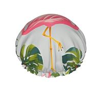 Double Layers Shower Cap For Women, Reusable Elastic Bathing Bath Cap Flamingo Palm Trees Leaf Hair Caps Waterproof Ladies Spa Salon Shower Hat Hair Caps