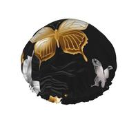 Double Layers Shower Cap For Women, Reusable Elastic Bathing Bath Cap Gold White Butterflies Black Hair Caps Waterproof Ladies Spa Salon Shower Hat Hair Caps