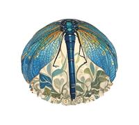 Double Layers Shower Cap For Women, Reusable Elastic Bathing Bath Cap Hand Painted Blue Dragonfly Hair Caps Waterproof Ladies Spa Salon Shower Hat Hair Caps