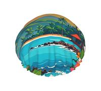 Double Layers Shower Cap For Women, Reusable Elastic Bathing Bath Cap Hello Hawaii Hair Caps Waterproof Ladies Spa Salon Shower Hat Hair Caps