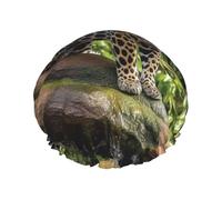 Double Layers Shower Cap For Women, Reusable Elastic Bathing Bath Cap Jaguar Cat On Tree Trunk Waterfall Hair Caps Waterproof Ladies Spa Salon Shower Hat Hair Caps