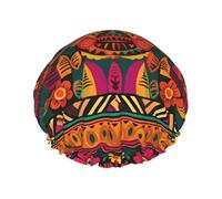 Double Layers Shower Cap For Women, Reusable Elastic Bathing Bath Cap Mexican Folk Art Boho Hair Caps Waterproof Ladies Spa Salon Shower Hat Hair Caps