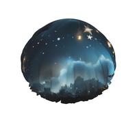 Double Layers Shower Cap For Women, Reusable Elastic Bathing Bath Cap Nightsky Hanging Moon Stars Hair Caps Waterproof Ladies Spa Salon Shower Hat Hair Caps