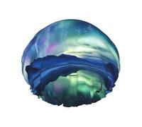 Double Layers Shower Cap For Women, Reusable Elastic Bathing Bath Cap Northern Lights Hair Caps Waterproof Ladies Spa Salon Shower Hat Hair Caps