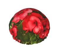Double Layers Shower Cap For Women, Reusable Elastic Bathing Bath Cap Red Geraniums Hair Caps Waterproof Ladies Spa Salon Shower Hat Hair Caps