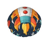 Double Layers Shower Cap For Women, Reusable Elastic Bathing Bath Cap Rocket Clipart Space Ship Hair Caps Waterproof Ladies Spa Salon Shower Hat Hair Caps