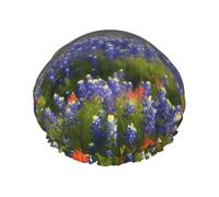 Double Layers Shower Cap For Women, Reusable Elastic Bathing Bath Cap Texas Bluebonnets Scenery Hair Caps Waterproof Ladies Spa Salon Shower Hat Hair Caps