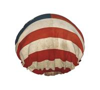 Double Layers Shower Cap For Women, Reusable Elastic Bathing Bath Cap Vintage American Usa Flag Hair Caps Waterproof Ladies Spa Salon Shower Hat Hair Caps