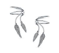 Double Leaf Feather Cartilage Ear Cuffs Clip Wrap Wire Earrings Helix Western Jewelry For Women For Men Non Pierced Ear Oxidized .925 Sterling Silver