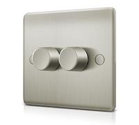 Double Led Dimmer Light Switch, Trailing Edge Light switch for Dimmeable LED/Halogen Lights, Rotary Push On/Off, 2 Gang 1 Way/2 Way, 3-150W, Brushed Steel