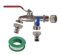 Double Lever Tap Kit - 1/2 to 3/4 BSP Inlet Adapter - Quick Connect Outlet Plus Hose Barb - PTFE Tape Included - Outdoor Garden Tap for Irrigation Water Butt Greenhouse - Hozelock Gardena Compatible