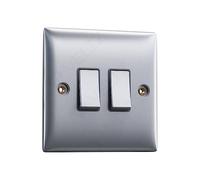 Double Light Switch Brushed Steel | VELTZ Pro | 2 Gang 2 Way 10 Amp | Slim Curved Round Edge Design | Wall Electrical Power Switched