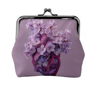 Double Lilac Flower Heart Printed Microfiber Leather Kiss Lock Mini Wallet, Compact, Wearable and Easy to Carry.