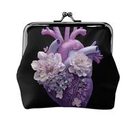 Double Lilac Flower Heart Printed Microfiber Leather Kiss Lock Mini Wallet, Compact, Wearable and Easy to Carry.