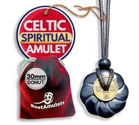 Double Lucky Celtic Lotus Donut and Feng Shui Coin Amulet Necklace - 30mm Good Luck and Protection Gemstone Pendant - Spiritual and Positive Energy Jewelry Gift for Women and Men, Gemstone, black