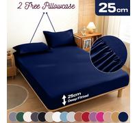 (Double, Navy Blue) 3 Piece Fitted Sheet Set Bed Sheets & Pillowcases