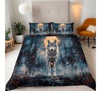 Double Night Forest Wolf Bedding Set Ultra-Soft Microfiber Duvet Cover Set 3Pcs - 200x200cm + 2 Pillowcases 50x75cm- Animal 3D Printed Design with Zip Closure & Corner Ties