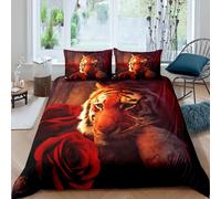 (Double(No Comforter), Multi 25) Tiger Bedding Set Double Girls Romanic Rose Flower Duvet Cover For Adults Women Men Bedroom Wild Animal Theme Comforter Cover Red Floral Printed Bedsp