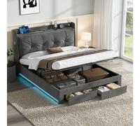 Double Ottoman Upholstered Bed Frame with Hydraulic Storage, Side Pockets, Headboard for Living Room, 203L x 138W x 111H cm, Grey Aosom UK