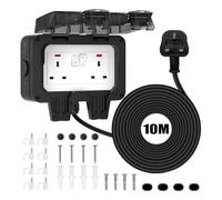 Double Outdoor Socket Waterproof 10M Extension Lead Weatherproof IP66 Outside Plug Socket Switched Wall Electrical Outlet, 13Amp 2 Gang External Storm Garden Power Socket Cover Box, Black