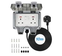 Double Outdoor Socket with 10m Extension Lead, IP66 Waterproof 2 Gang Storm Switched Power Socket Box, 13Amp Wall Electrical Outlets with Cover, Switch Indicator Light, for Outside Garden Garage