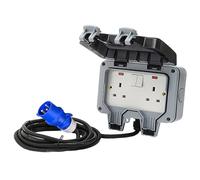 Double Outdoor Socket with 1m/3m Waterproof Extension Lead, 32Amp Plug to 13Amp Weatherproof 2Gang Socket, Heavy Duty Cable, Outdoor Plug Sockets Waterproof Covered sockets box (1m)