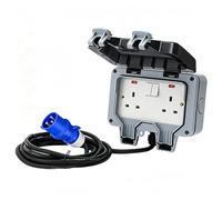 Double Outdoor Socket with 5m Waterproof Extension Lead, 16 Amp Plug to 13Amp Weatherproof 2Gang Socket, 3G1.5 3Pin 16A Heavy Duty Cable, Outdoor Plug Sockets Waterproof Covered sockets box
