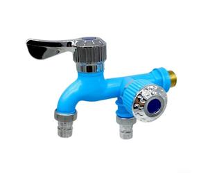 Double Outlet 1/2 Inch Washing Machine Adapter with Extended Spool and Explosion Proof Plastic Housing (Blue)