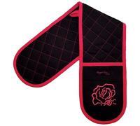 Double Oven Gloves - 84 cm x 18 cm x 1 cm Oven Mitts with Thermal Inner for Cooking & Baking - Cotton, Machine Washable at 30° - Kitchen Essentials by Ragged Rose (Pink/Black Plain)