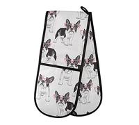 Double Oven Gloves Cartoon French Bulldog with Pink Glasses Heat Resistant Pot Holder Oven Mitt Gloves for BBQ Cooking Baking Grilling Microwave