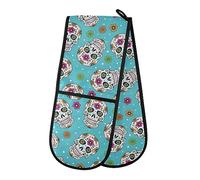 Double Oven Gloves Halloween Day Of The Dead Sugar Skull Heat Resistant Pot Holder Oven Mitt Gloves for BBQ Cooking Baking Grilling Microwave