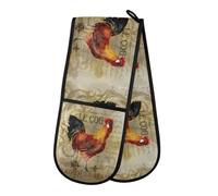 Double Oven Gloves Heat Resistant Vintage Rooster Double Oven Mitts Pot Holder Heat Protection Oven Gloves for Home Kitchen Baking Cooking BBQ Microwave