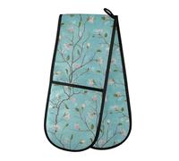 Double Oven Gloves Magnolia Tree Turquoise Heat Resistant Pot Holder Oven Mitt Gloves for BBQ Cooking Baking Grilling Microwave